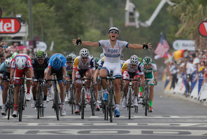 Marcel Kittel of Germany celebrates winning ahead of Alexander Kristoff of Norway, second place and third left, during the first stage of the Tour de France cycling race over 213 kilometers.Photo / AP