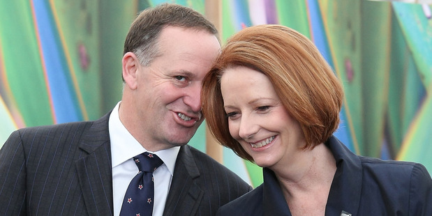 Prime Minister John Key and Julia Gillard. Photo / Greg Bowker