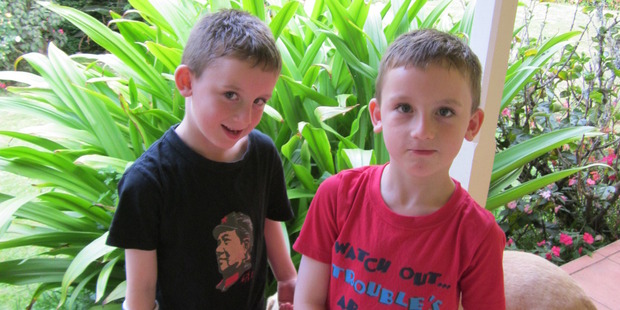 Twins Kyle (left) and Ethan Hanlon were left with three fractured wrists between them when an inflatable slide blew away at a Christmas party last year