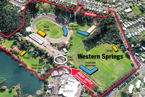 Western Springs, as it will be used for the Big Day Out in January. Photo / Google Earth/Herald graphic