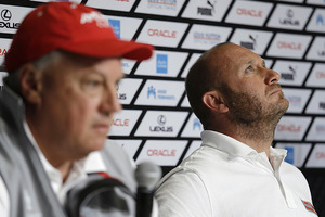 Max Sirena, right, skipper of Luna Rossa Challenge from Italy, looks up during a news conference. Photo/AP