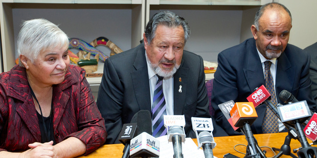 Pita Sharples, flanked by Maori Party co-leader Tariana Turia and MP Te Ururoa Flavell, during the press conference where he announced his decision to stand-down as co-leader. Photo / Mark Mitchell