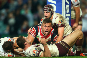 Jared Waerea-Hargreaves of the Roosters claims a try that was later disallowed. Photo / Getty Images
