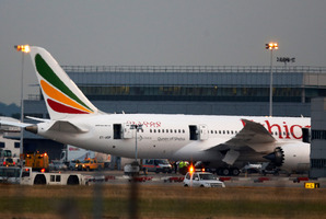 Air Ethiopian Boeing 787 Dreamliner 'Queen of Sheba' aeroplane, on the runway near Terminal 3, at Heathrow Airport. Photo / AP