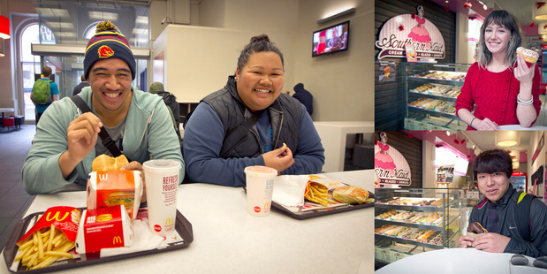 Domasi Tomasi and Maryanne Nuuausala enjoy their burgers at McDonald's. Rachel Anderson and Tony Liu enjoy their donuts. Photo / Natalie Slade
