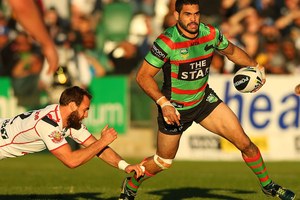 Greg Inglis of the Rabbitohs runs with the ball during the round 17 NRL match between the South Sydney Rabbitohs and the New Zealand Warriors. Photo / Getty Images.