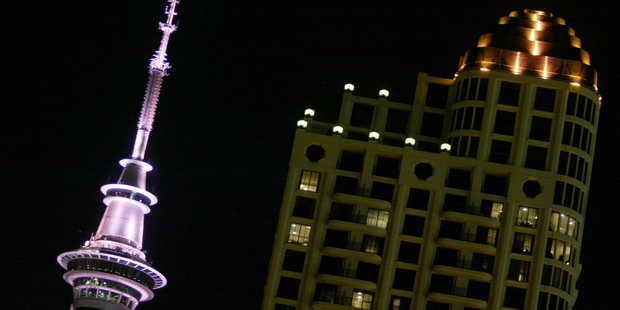 Auckland's Sky Tower has been lit up pink before for breast cancer awareness. The landmark will be washed in pink if the royal baby is a girl, and blue for a boy.Photo / File
