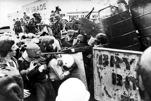 1981 Springbok tour demonstrators go head to head with riot police outside Eden Park. Photo / Northern Advocate