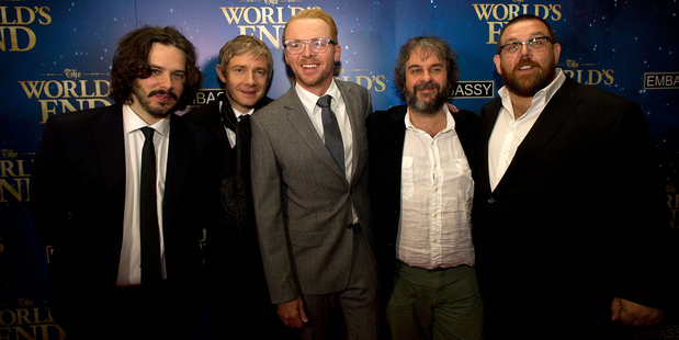 From left: Edgar Wright, Martin Freeman, Simon Pegg, Sir Peter Jackson and Nick Frost, at the Wellington premiere for The World's End yesterday. Photo / Marty Melville