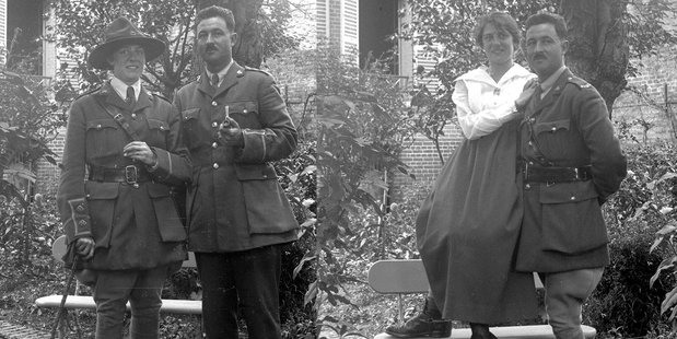 The woman in the uniform of a WWI NZ officer and (right) in civilian clothes. The unidentified man is wearing the uniform of a lieutenant in the 7th Southland Mounted Rifles.