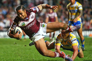 Steve Matai crashes over the line to score a try that was later disallowed. Photo / Getty Images