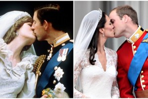 Prince Charles kissing his new wife, Diana and Prince William, doing the same to new bride, Kate. Photo / AP