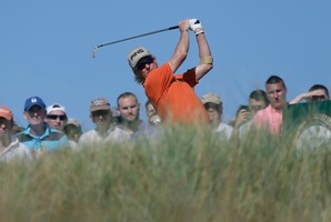 Miguel Angel Jimenez of Spain plays a shot from the 15th tee during the second round of the British Open Golf Championship at Muirfield. Photo / AP