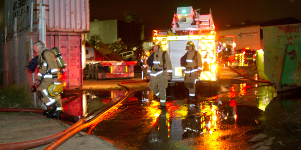 Firefighters at the National Steel plant in Wiri, South Auckland. Photo / Richard Robinson