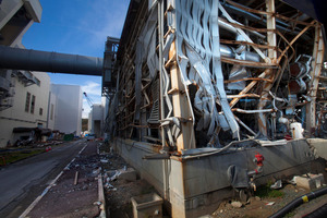 The crippled Fukushima Dai-ichi nuclear power station is seen through a bus window in Okuma, Japan. Photo / AP