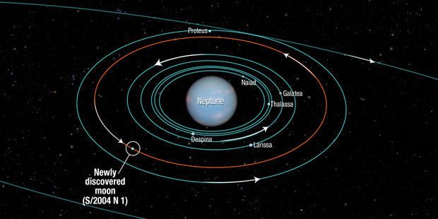 This diagram provided by NASA shows the orbits of several moons located close to the planet Neptune. NASA announced the discovery of Neptune's 14th moon.