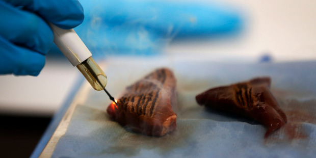 A new cancer detecting knife is demonstrated on animal muscle.Photo / AP