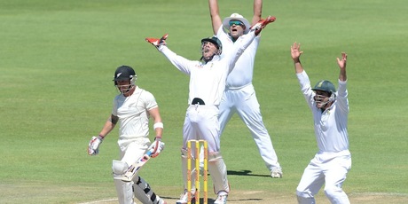 Brendon McCullum is trapped lbw by Robin Petersen for 11 runs during day three. Photo / Getty Images