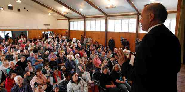 Mayor of Otorohanga Dale Williams chairs a meeting at Kawhia last night for the community to talk about youth issues after the local police officer Perry Griffin was assaulted at the weekend. Photo / Christine Cornege