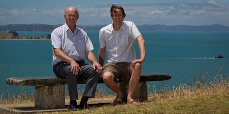 John Laurence (left) and Darren Parsons, who are leading the idea of restoring mussel beds, at Achilles Point, overlooking the Hauraki Gulf. Photo / Sarah Ivey