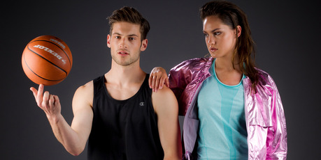 Look number three: Champion training singlet with adidas printed sweat pant (left). Nike tank top and tights with adidas by Stella McCartney metallic jacket. Photo / Greg Bowker