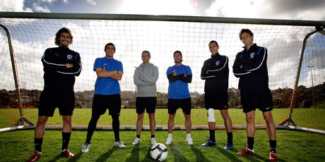 Auckland City Football Club import players (L to R) Albert Riera, Emiliano Tade, Ramon Tribulietx (coach), Manel Exposito, Angel Berlanga and Andrew Guerao. Photo / Sarah Ivey