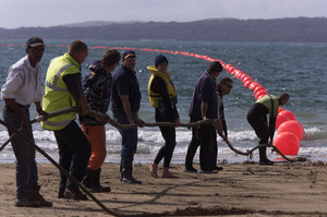 The Southern Cross cable comes ashore on Takapuna Beach back in 1999. Photo / Russell Smith