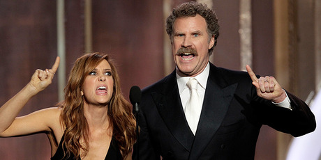 Kristen Wiig, left, and Will Ferrell presenting at the Golden Globes. Photo/AP