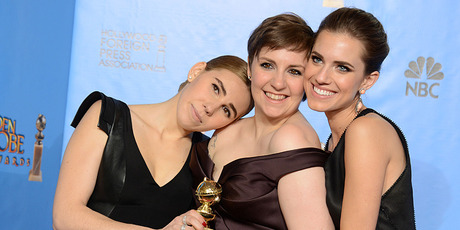 Zosia Mamet, left, Lena Dunham and Allison Williams pose at the Golden Globes. Photo/AP