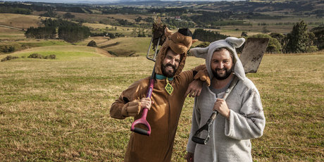 Jimi Hunt (l, Scooby Doo) and Dan Drupsteen (Where the Wild Things Are) preparing to build the world's biggest waterslide near Helensville, west of Auckland. Photo / Sam Stratton