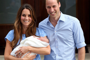 Kate Middleton and Prince William show off their new baby wrapped in Aussie wool.Photo / AFP