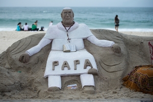 A sand sculpture of Pope Francis sits on Copacabana Beach, Rio de Janeiro, ahead of the Pontiff's visit. Photo / AP