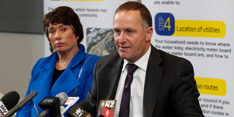 Prime Minister John Key, with Wellington Regional Council chair Fran Wilde, during his press conference over the earthquake in Wellington. Photo / Mark Mitchell