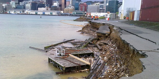 Earthquake damage showing a large section of seafront collapsed into Lambton Harbour, Wellington.