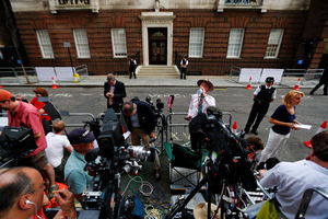 Members of the media wait across St. Mary's Hospital exclusive Lindo Wing.Photo / AP