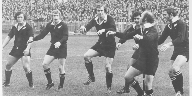 Sid Going leading an All Black haka before playing the Barbarians, the only pre-match haka performed on the tour of the UK in 1972-73. Photo / NZ Herald Archives