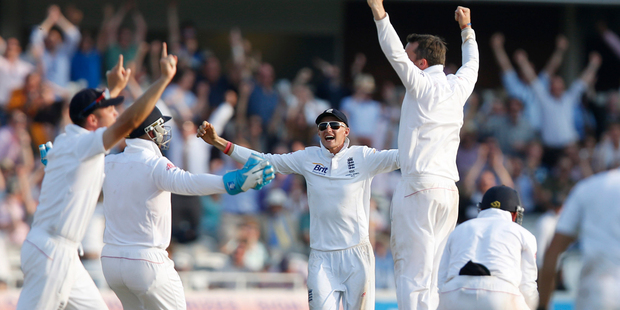 England's players celebrate their second test win over Australia. Photo / AP