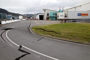 Large cracks are seen in the road near where the land fell into the sea at the Port Wellington Container terminal. Photo / AFP