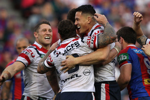 Sonny Bill Williams of the Roosters celebrates with team mates after scoring a try during the round 20 Holden Cup match between the Newcaslte Knights and the Sydney Roosters. Photo / Getty Images.