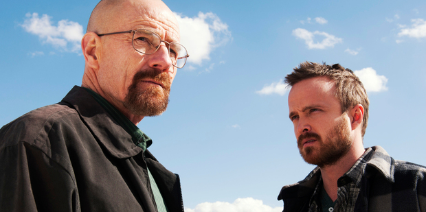 Bryan Cranston as Walter White and Aaron Paul as Jesse Pinkman in a scene from Breaking Bad.