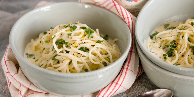 Simple meals like spaghetti with olive oil, lemon juice and parmesan remove any excuse of inconvenience. Photo / Babiche Martens