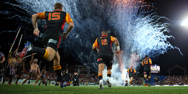 The Chiefs run out on the field for the Super Rugby Final match between the Chiefs and the Brumbies at Waikato Stadium. Photo / Getty Images.