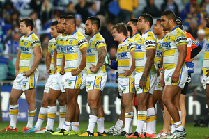 Eels players look dejected after a Bulldogs try during the round 20 NRL match between the Canterbury Bulldogs and the Parramatta Eels. Photo / Getty Images.
