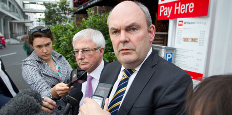 Ministers Tim Groser and Steven Joyce talk to waiting media after a meeting with Fonterra over the botulism scare. Photo / NZ Herald
