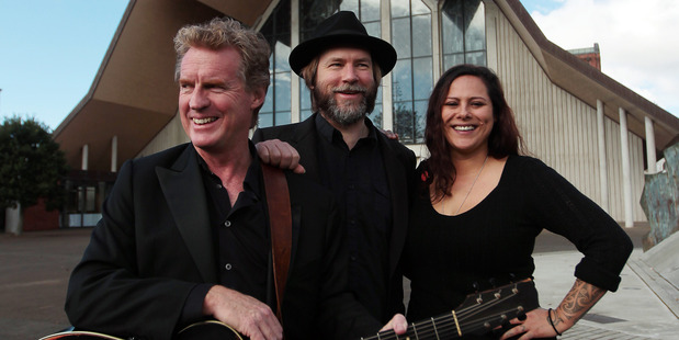Don McGlashan, Sean James Donnelly (SJD)and Anika Moa outside Holy Trinity Cathedral. Photo / Doug Sherring