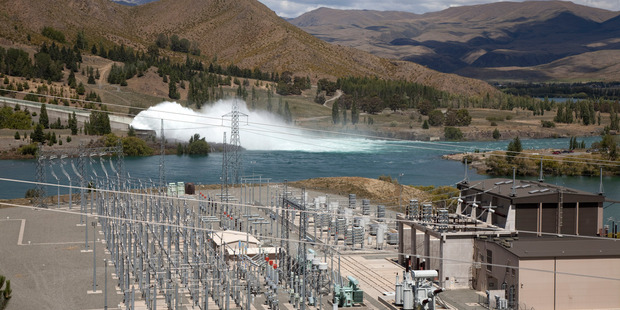 Water spilling from Meridian's Benmore Dam in the Waitaki Valley. Photo / Simon Baker