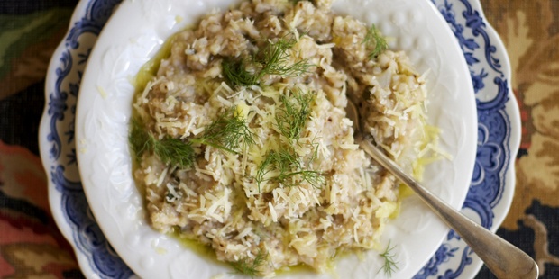 Buckwheat risotto with white wine, lemon and parsley. Photo / Eleanor Ozich