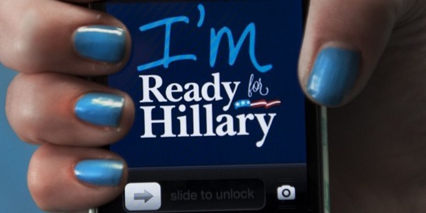 A dressed up iPhone is seen in this posed photo at the 'Ready For Hillary' Super PAC offices. Photo / AFP