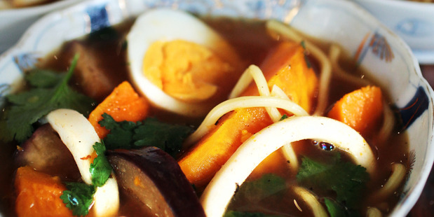 Squid laksa is Che Barrington's favourite Sugar Club recipe. Photo / Doug Sherring