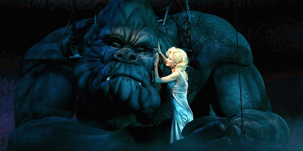 Ester Hannaford who plays Ann Darrow performs with King Kong on stage during a 'King Kong'.
